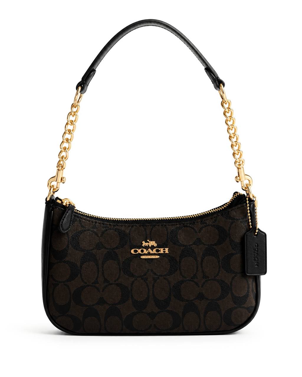 Coach Signature Black & Brown Shoulder Bag with Gold Chain Strap