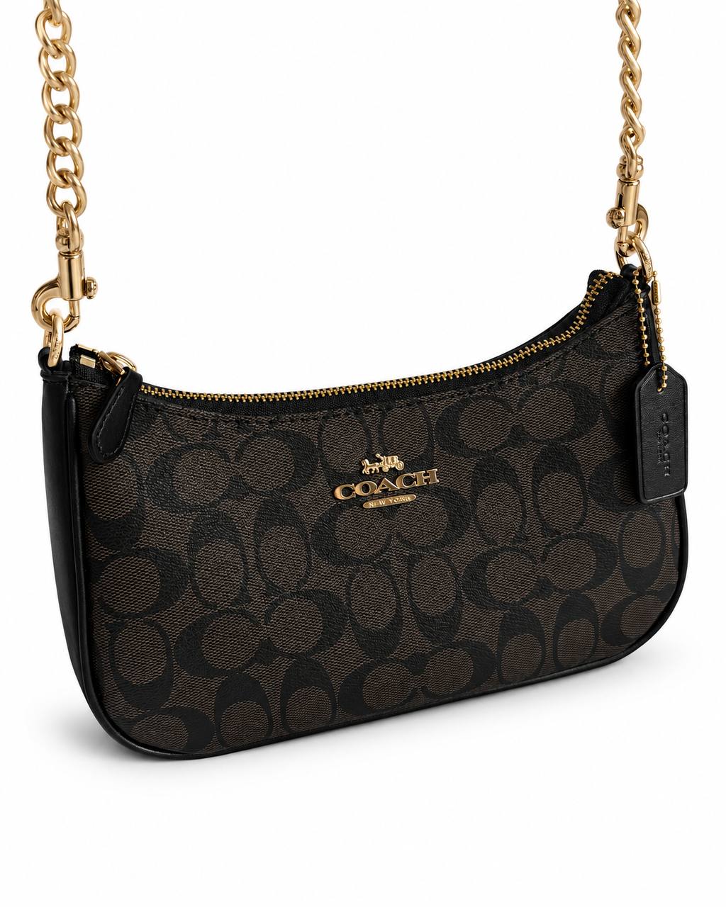 Coach Signature Black & Brown Shoulder Bag with Gold Chain Strap