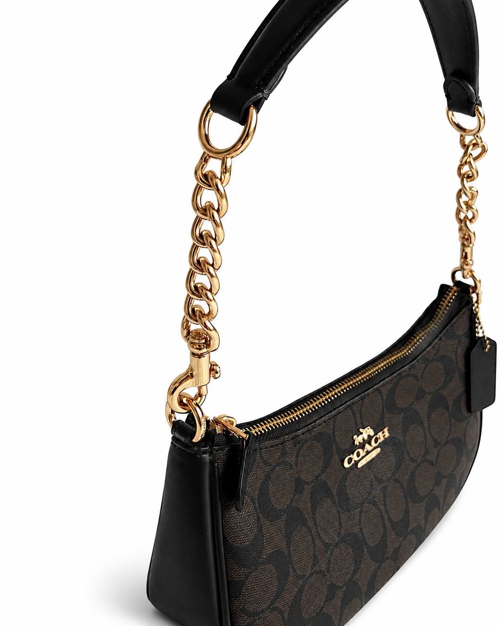 Coach Signature Black & Brown Shoulder Bag with Gold Chain Strap