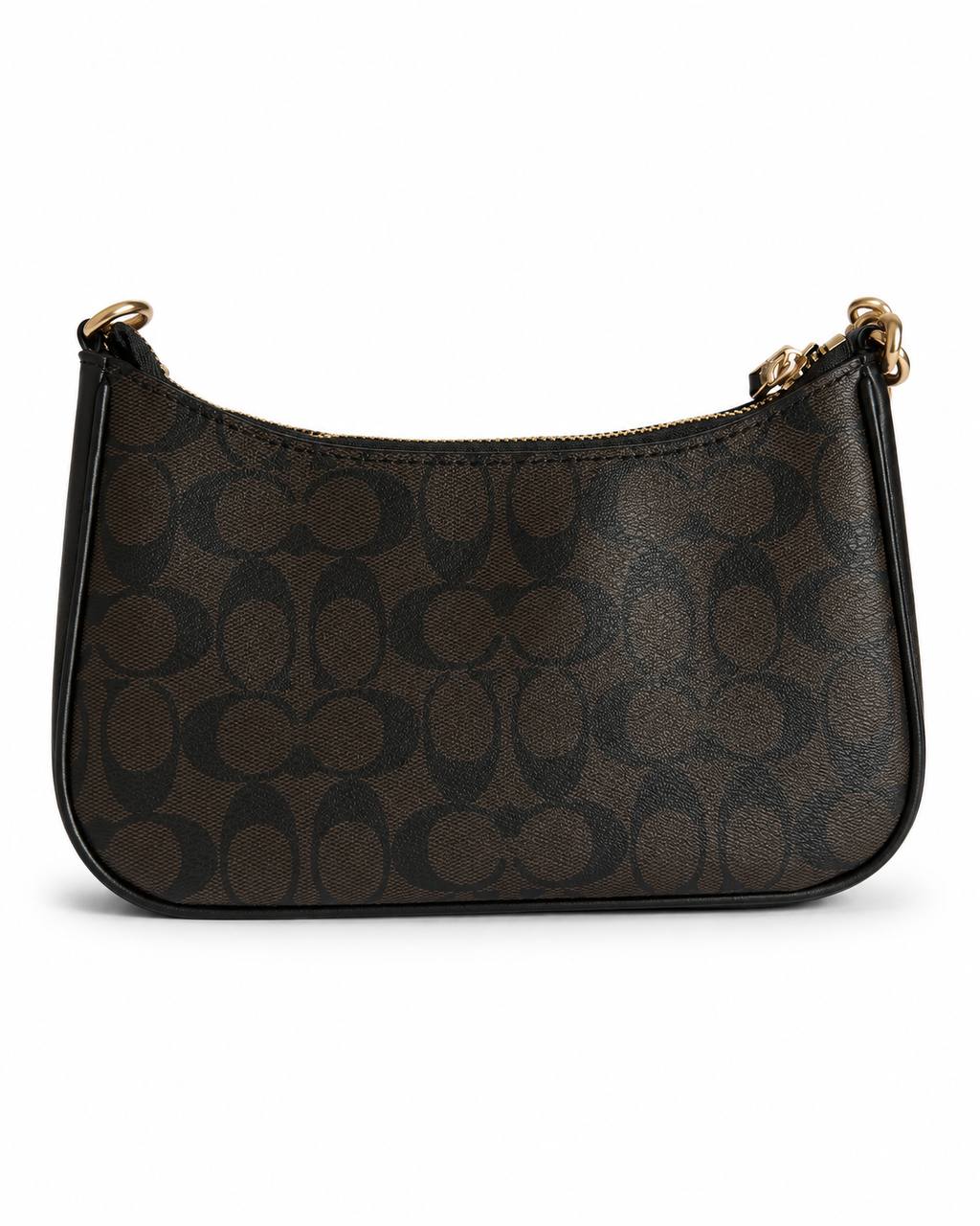 Coach Signature Black & Brown Shoulder Bag with Gold Chain Strap