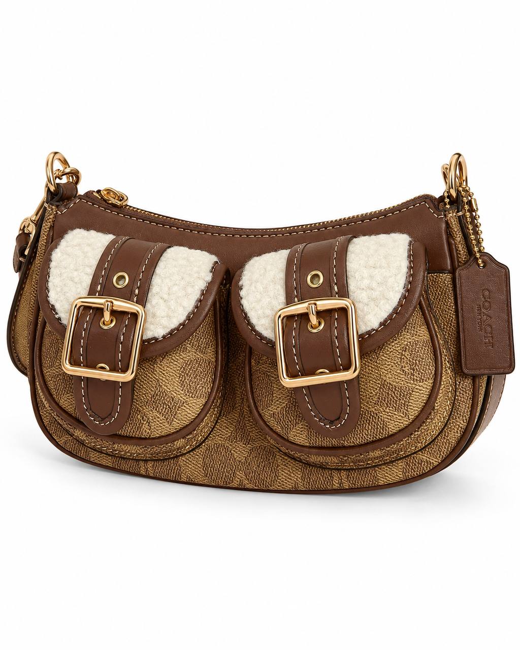 Coach Signature Brown Shoulder Bag with Shearling Pocket Details