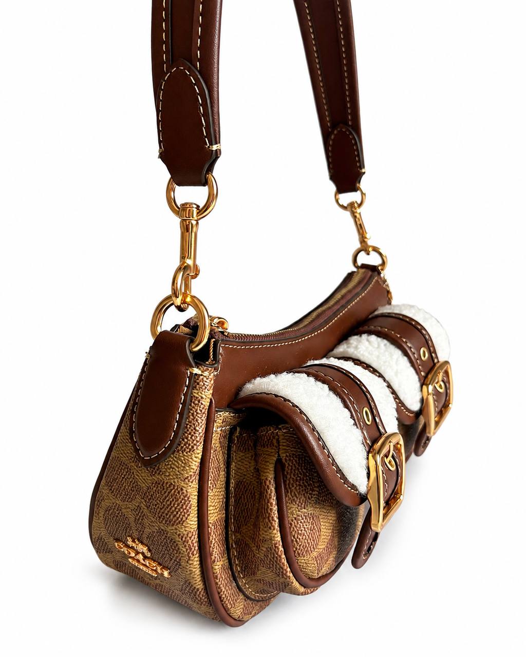 Coach Signature Brown Shoulder Bag with Shearling Pocket Details